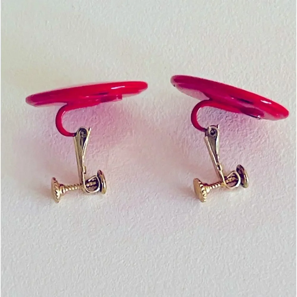 Vtg Red Mid-Century Modern Round Disc Screw-back Clip-on Earrings Dot Geometric